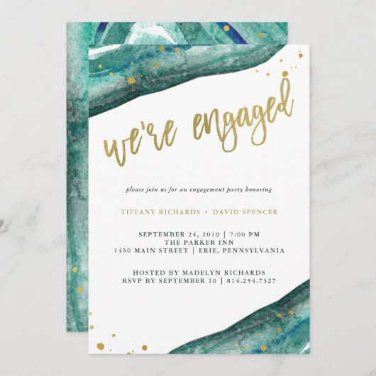 Watercolor Aquamarin und Gold Geode Engagement Par Einladung (Vorne/Hinten)
