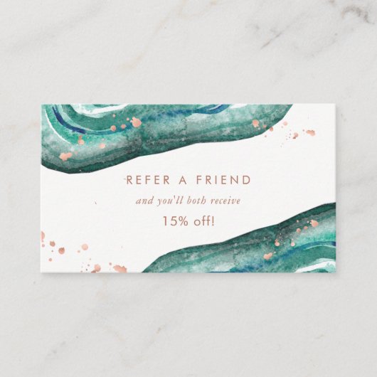 Watercolor aquamarin und Imitat-Rosen-Gold Geode Empfehlungskarte (Vorderseite)