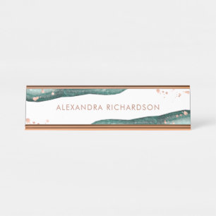 Watercolor aquamarin und Imitat-Rosen-Gold Geode Schreibtischnamensplakette