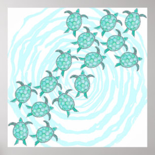 Watercolor-aquamarine Seeschildkröten auf Wirblen Poster