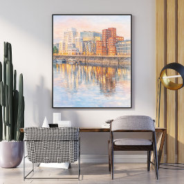 Watercolor Art – Modern City Reflection at Sunset Poster