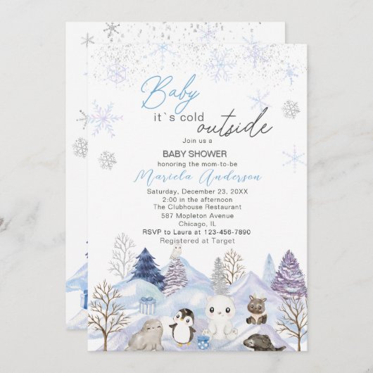 Watercolor Artic Baby seine kalte Außendusche Einladung (Vorne/Hinten)