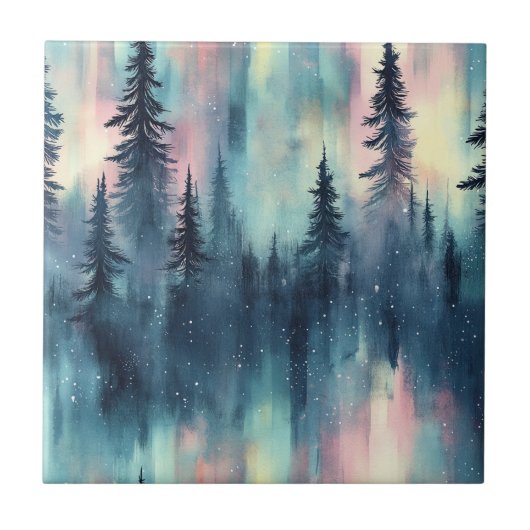 Watercolor Aurora Borealis Forest (2) Fliese (Vorderseite)