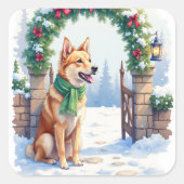 Watercolor Australian Kelpie Countryside Gate Quadratischer Aufkleber (Vorderseite)