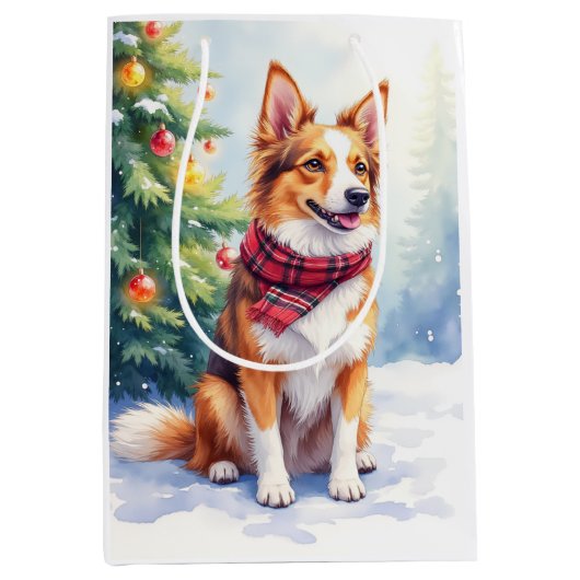 Watercolor Australian Shepherd Glowing Christmas Mittlere Geschenktüte (Vorderseite)