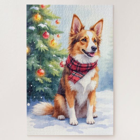 Watercolor Australian Shepherd Glowing Christmas Puzzle (Vertikal)
