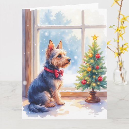 Watercolor Australian Terrier Tabletop Christmas Karte (Gelbe Blume)