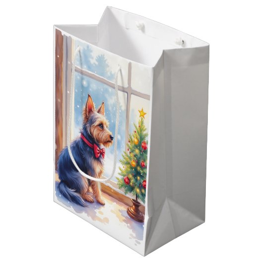 Watercolor Australian Terrier Tabletop Christmas Mittlere Geschenktüte (Vorderseite Schrägansicht)