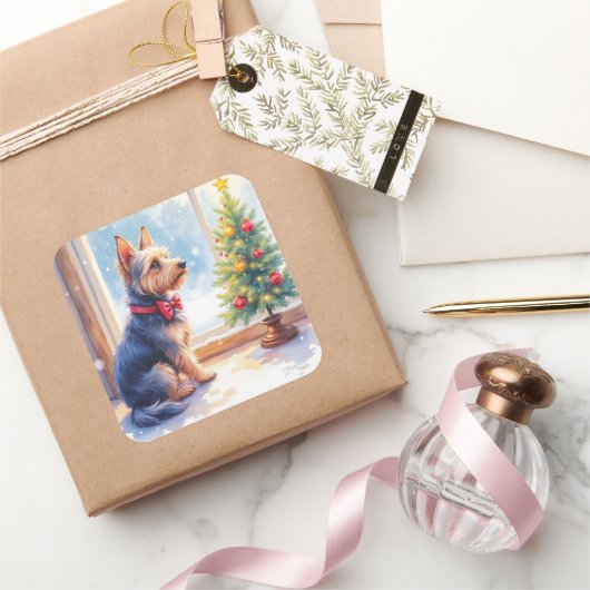 Watercolor Australian Terrier Tabletop Christmas Quadratischer Aufkleber (Schenken)