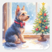 Watercolor Australian Terrier Tabletop Christmas Quadratischer Aufkleber (Vorderseite)