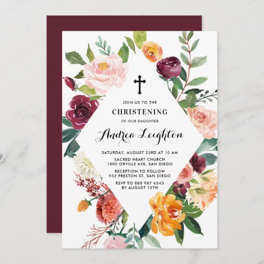 Watercolor Autumn Bloms Floral Frame Christening Einladung (Vorne/Hinten)