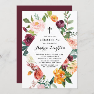 Watercolor Autumn Bloms Floral Frame Christening Einladung