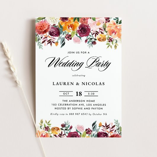 Watercolor Autumn Blooms Garland Wedding Party Einladung
