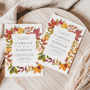 Watercolor Autumn lässt Frame QR Code Hochzeit Einladung
