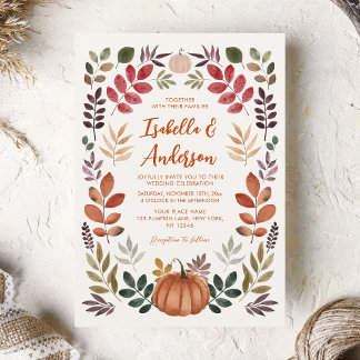 Watercolor Autumn Leaves Pumpkin Wedding Einladung