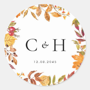 Watercolor Autumn Leaves Wreath Wedding Monogram Runder Aufkleber