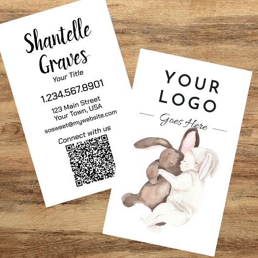 Watercolor Baby and Bunny QR Code Vertikal Visitenkarte