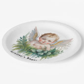 Watercolor Baby Angel with Greenery Baptism Pappteller (Schrägansicht)
