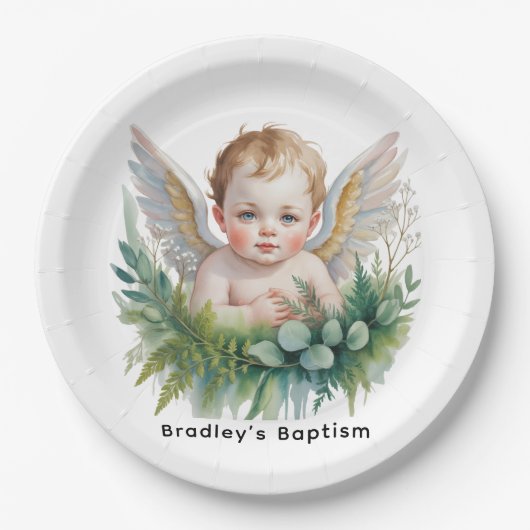 Watercolor Baby Angel with Greenery Baptism Pappteller (Vorderseite)