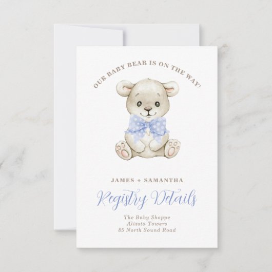 Watercolor Baby Bear Blue Bow Geschenkregister Ankündigung (Vorderseite)