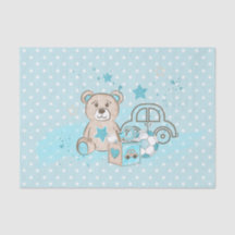 WATERCOLOR BABY BLUE TEDDY BEAR CARS BLOCKS