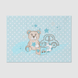 WATERCOLOR BABY BLUE TEDDY BEAR CARS BLOCKS SEIDENPAPIER
