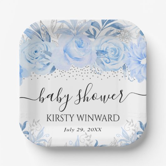 Watercolor Baby Blue Winter Blume Babydusche Pappteller (Vorderseite)