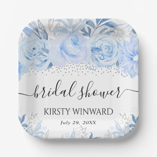 Watercolor Baby Blue Winter Blume Brautparty Pappteller (Vorderseite)