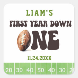 Watercolor Baby Boy Football First Year Down Quadratischer Aufkleber