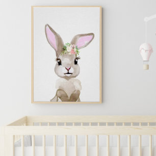 Watercolor Baby Bunny Cub Kinderzimmer Floral Wood Poster
