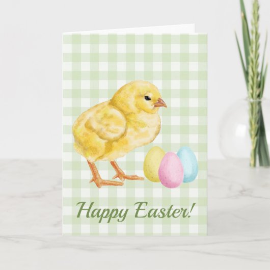 Watercolor Baby Chick And Eggs On Green Easter Karte (Vorderseite)