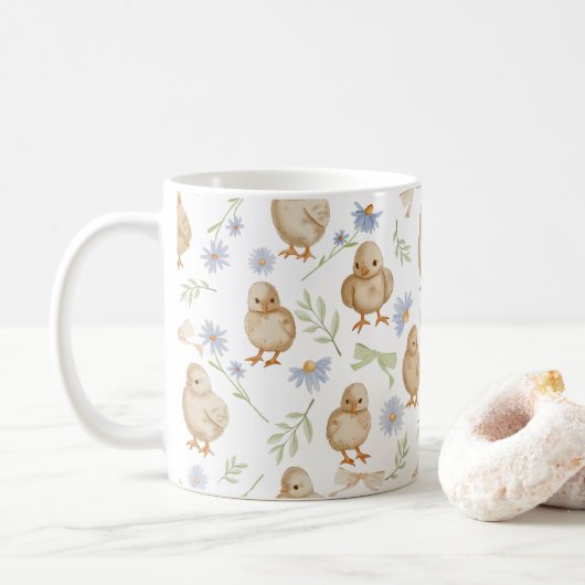 Watercolor Baby Chicks Blumenmuster Kaffeetasse (Mit Donut)
