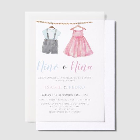 Watercolor Baby Clothes Spanisch Gender Reveal Pergament Einladungen (Versetzt)
