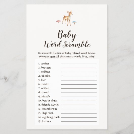 Watercolor Baby Deer Baby Word Scramble Game Flyer (Vorne)