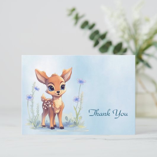Watercolor Baby Deer Blue Flowers Danke Karte (Stehend Vorderseite)
