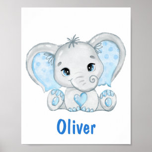 Watercolor Baby Elephant Blue Boy Kinderzimmer Pos Poster