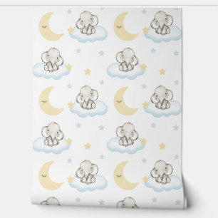 Watercolor Baby Elephant Clouds Stars Sleepy Moon Tapete