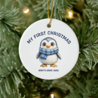 Watercolor Baby First Christmas Photo Keramik Ornament