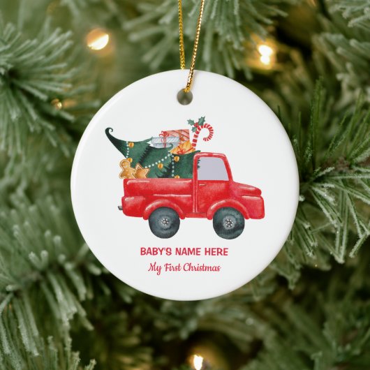 Watercolor Baby First Christmas Photo Keramik Ornament (Baum)