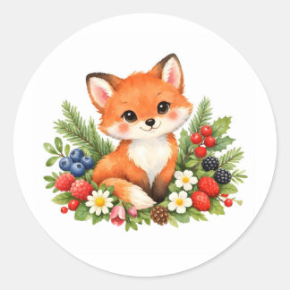 Watercolor Baby Fox with Berries and Flowers  Runder Aufkleber