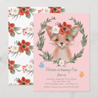 Watercolor Baby Fox Wreath Birthday Party Einladung