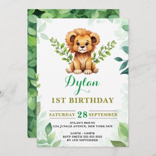 Watercolor Baby Lion Prince Greenery Geburtstag Einladung