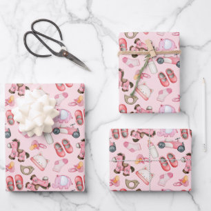 Watercolor-Baby-Mädchen-Muster-Spielzeuge-Kleidung Geschenkpapier Set