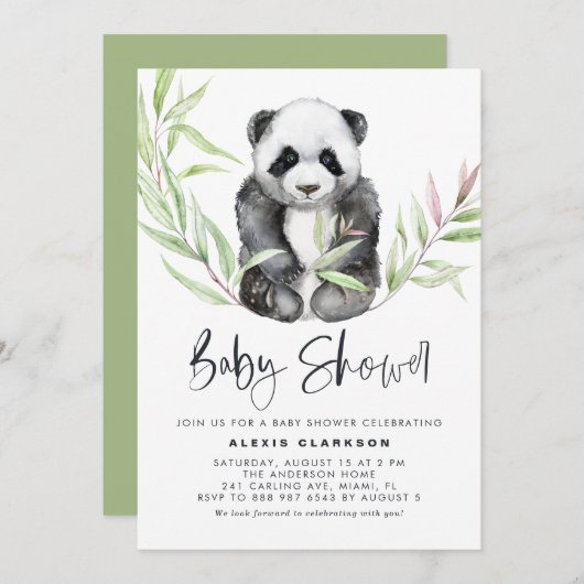 Watercolor Baby Panda mit Grüne Babydusche Einladung (Vorne/Hinten)