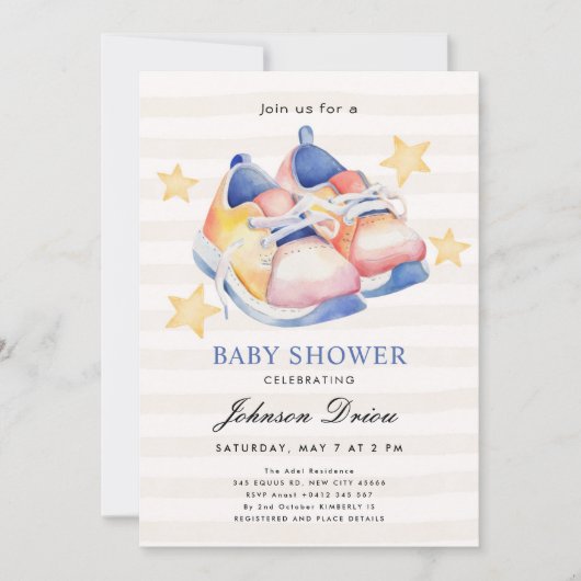 Watercolor Baby Shoes Theme | Neutral Baby Shower Einladung (Vorderseite)