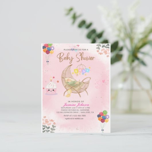 Watercolor Baby Shower Einladung: Cradle & Balloo Einladung (Stehend Vorderseite)