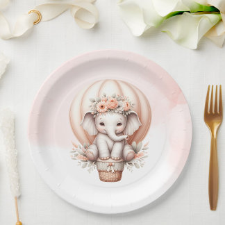 Watercolor Baby Shower Peach Elephant Pappteller