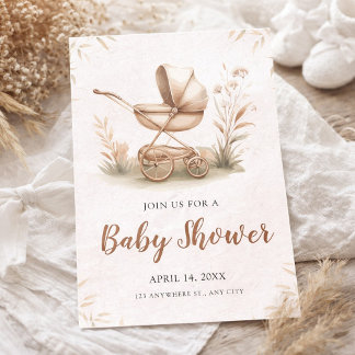 Watercolor Baby Shower with Vintage Stroller Einladung