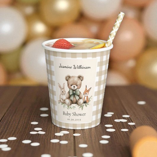 Watercolor Baby Showroom Teddy Bear Gingham Cups Pappbecher