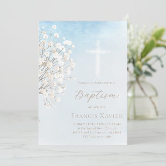 watercolor baby's breath | Baptism baby boy Einladung (Stehend Vorderseite)